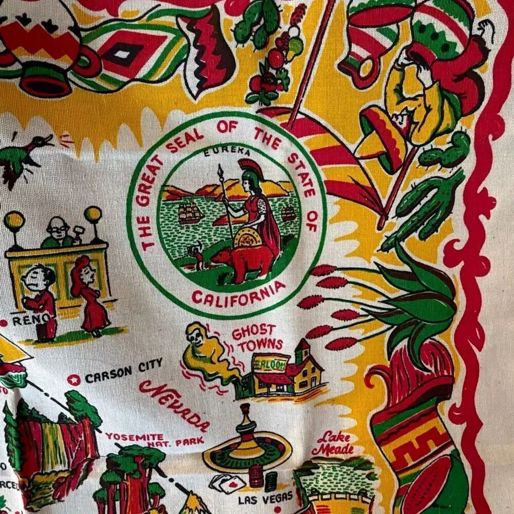 Vintage California State Landmarks Souvenir Tablecloth Cactus Cloth